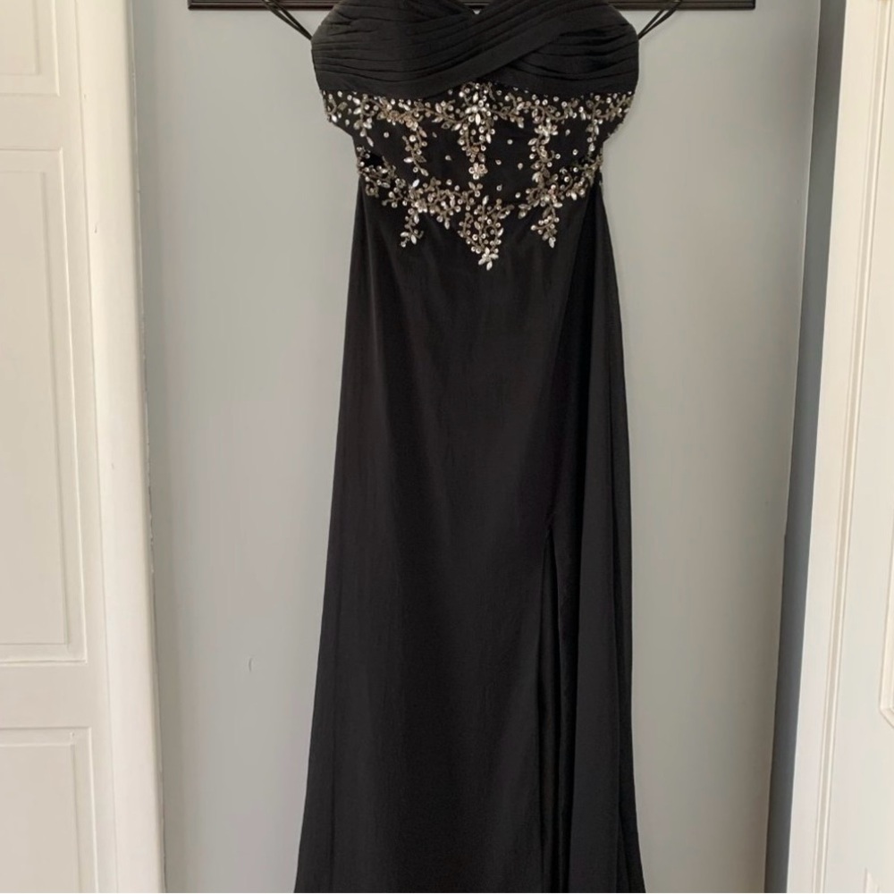 Black Prom Dress with Corset Beading and Rhinestones